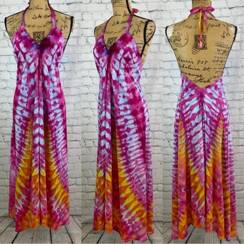 Soul Shine Pink Rainbow Tie Dye Halter Dress